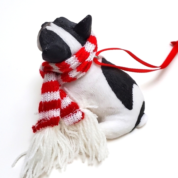 Christmas Tree Ornament Adorable French Bulldog Pup Figurine Red & White Scarf - Picture 6 of 16